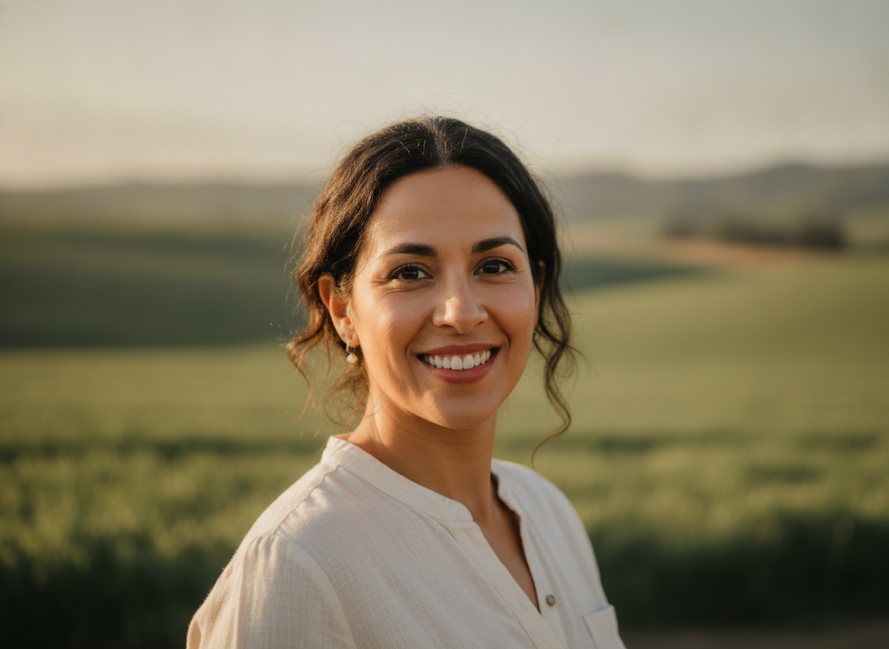Smiling woman outdoors in warm evening light