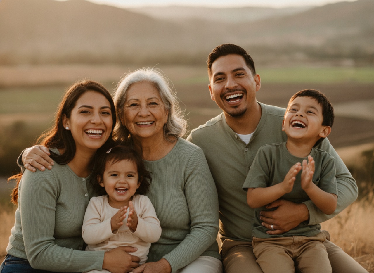 Multi-generational family laughing together outdoors