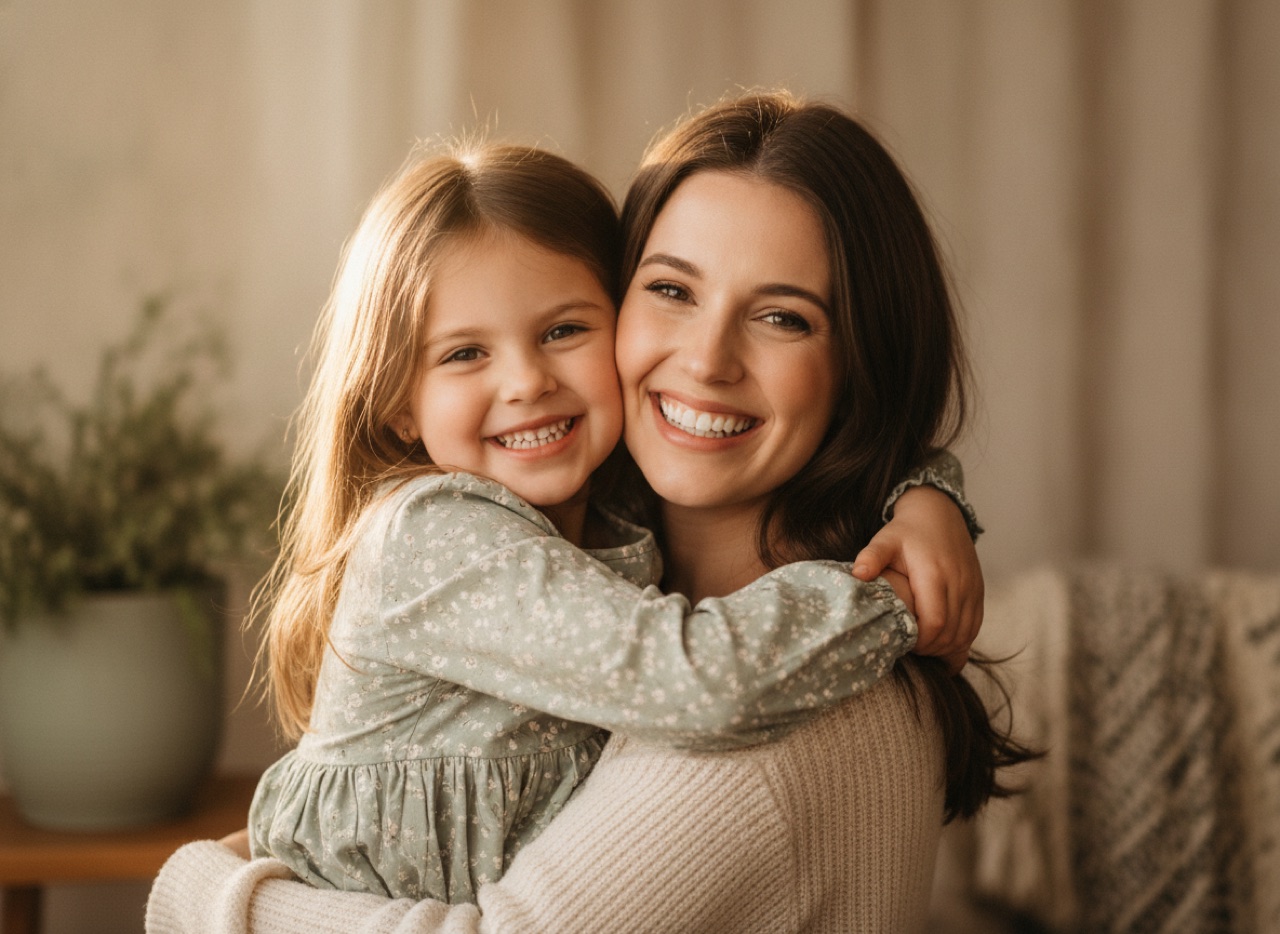 Mother and young daughter smiling together